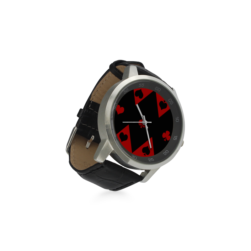Las Vegas Black Red Play Card Shapes Unisex Stainless Steel Leather Strap Watch(Model 202)