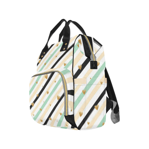 Pink Green Stripe Gold Heart Multi-Function Diaper Backpack/Diaper Bag (Model 1688)