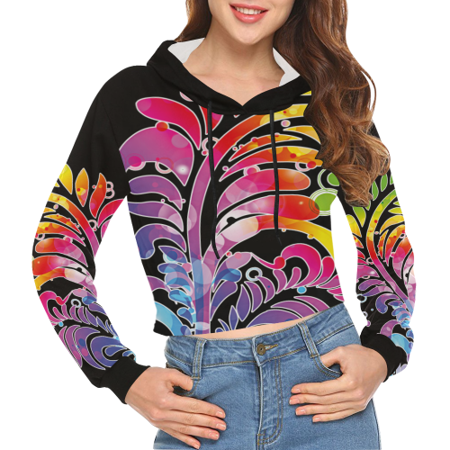 Tropical Flower Feathers Of Hawaii All Over Print Crop Hoodie for Women (Model H22)