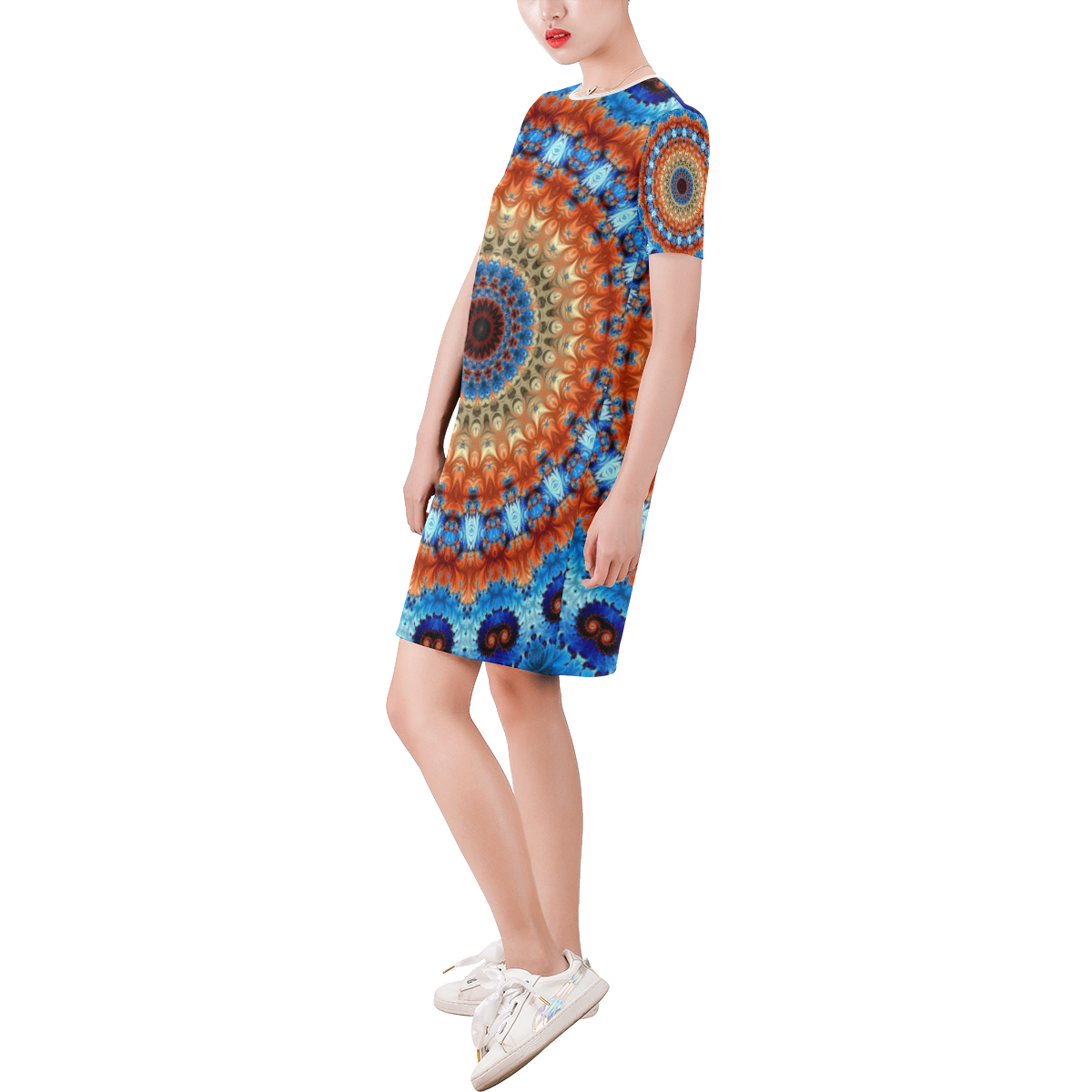 Kaleidoscope Short-Sleeve Round Neck A-Line Dress (Model D47)