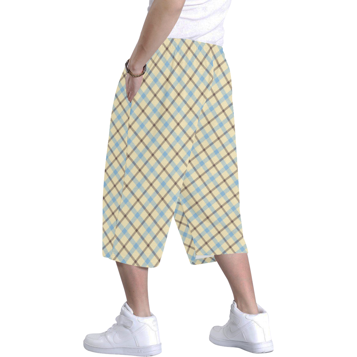 plaid tartan in cream, brown and baby blue Men's All Over Print Baggy Shorts (Model L37)