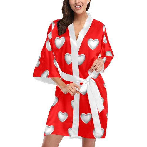 Silver 3-D Look Valentine Love Hearts on Red Kimono Robe