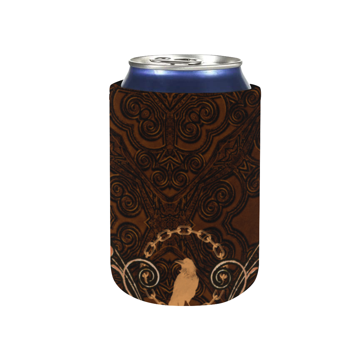 Floral design with crow Neoprene Can Cooler 4" x 2.7" dia.