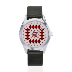 Black and Red Playing Card Shapes (White) Unisex Silver-Tone Round Leather Watch (Model 216)