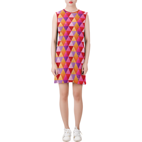 Triangle Pattern - Red Purple Pink Orange Yellow Sleeveless Round Neck Shift Dress (Model D51)