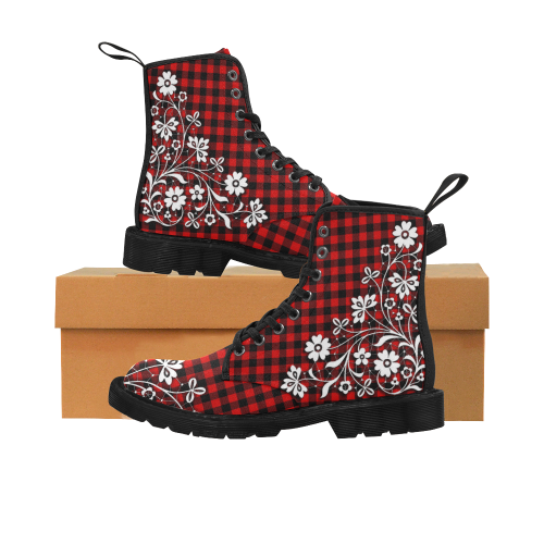 Blooming Red Buffalo Plaid Martin Boots for Women (Black) (Model 1203H)