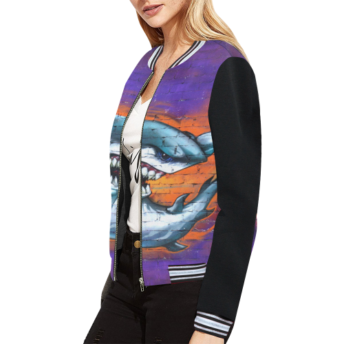 Graffiti Shark (Vest Style) All Over Print Bomber Jacket for Women (Model H21)