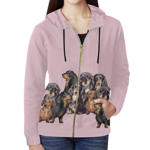 pink dachshund hoodie All Over Print Full Zip Hoodie for Women (Model H14)