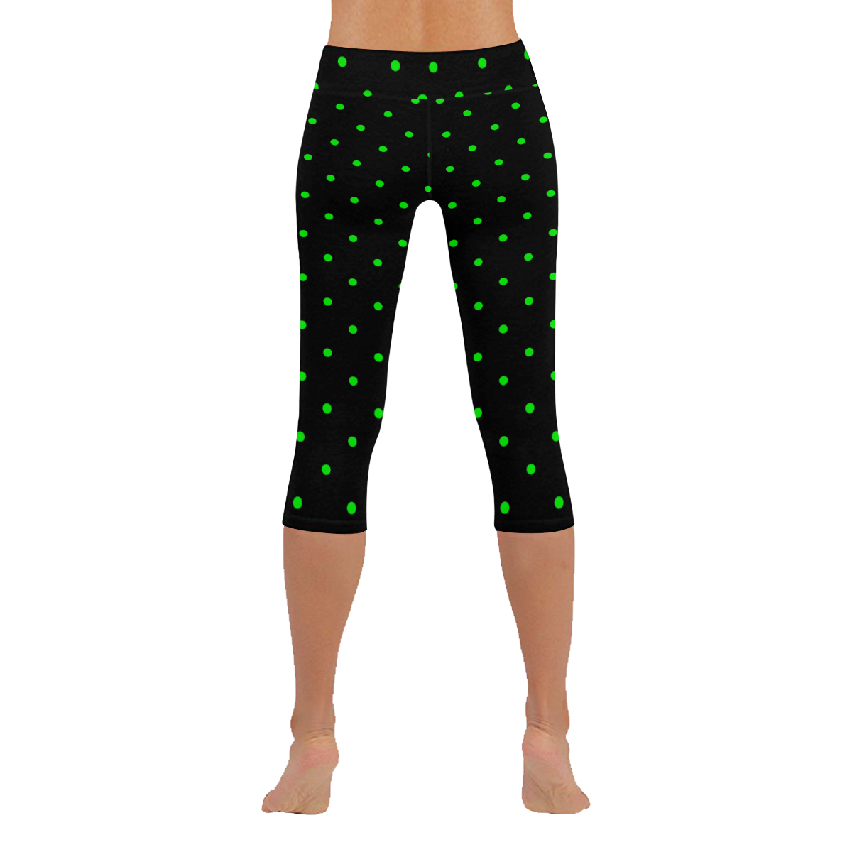 Green Polka Dots on Black Women's Low Rise Capri Leggings (Invisible Stitch) (Model L08)