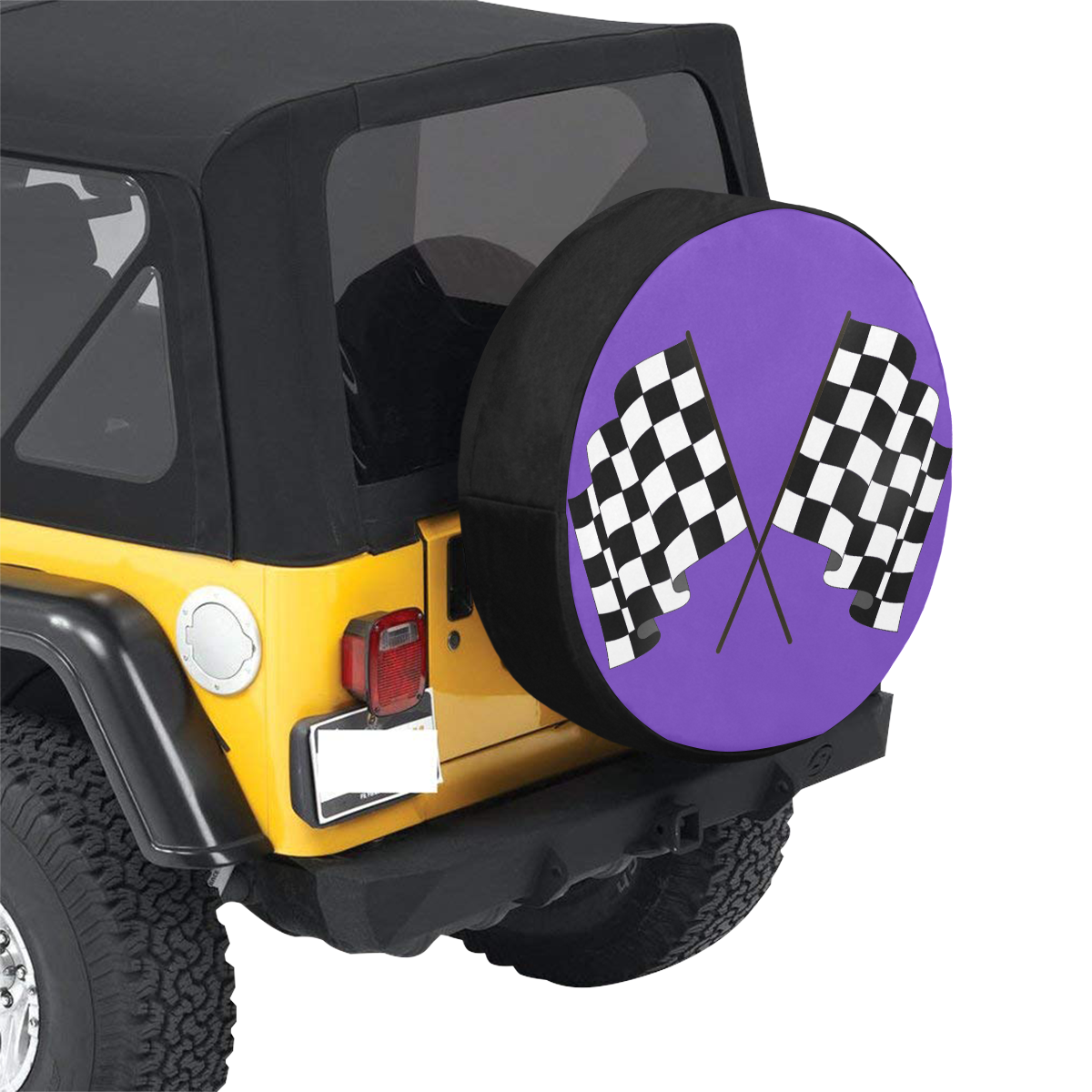 Checkered Race Flags on Black and Purple 32 Inch Spare Tire Cover