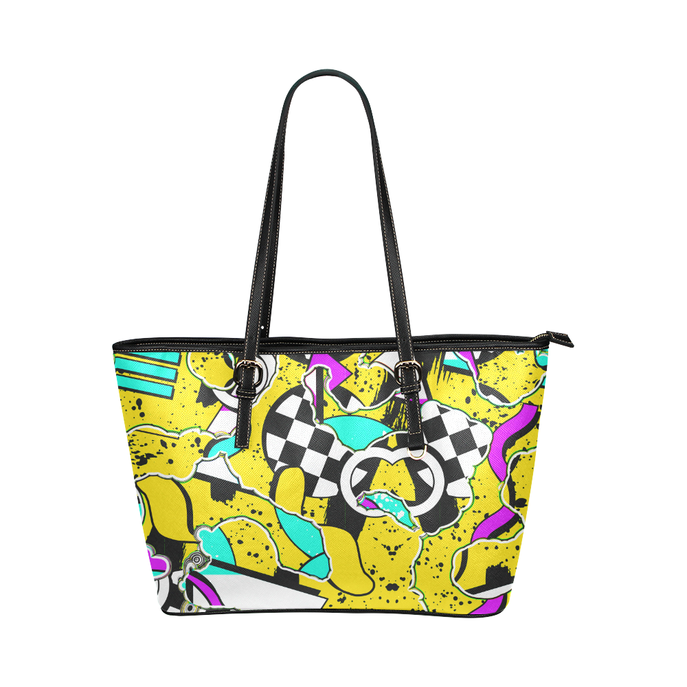 Shapes on a yellow background Leather Tote Bag/Large (Model 1651)