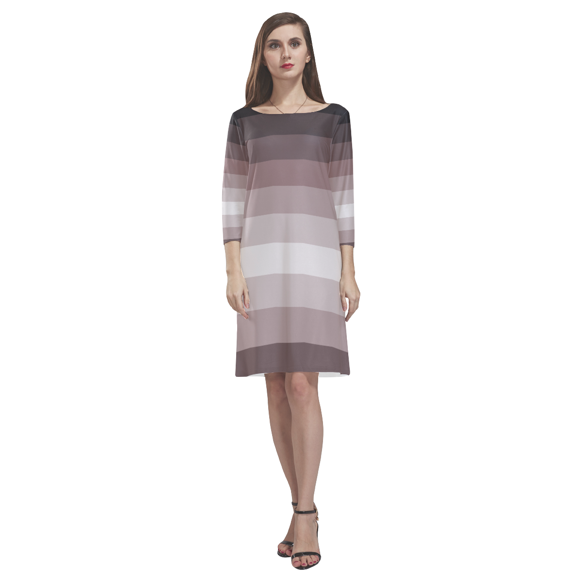 Grey multicolored stripes Rhea Loose Round Neck Dress(Model D22)