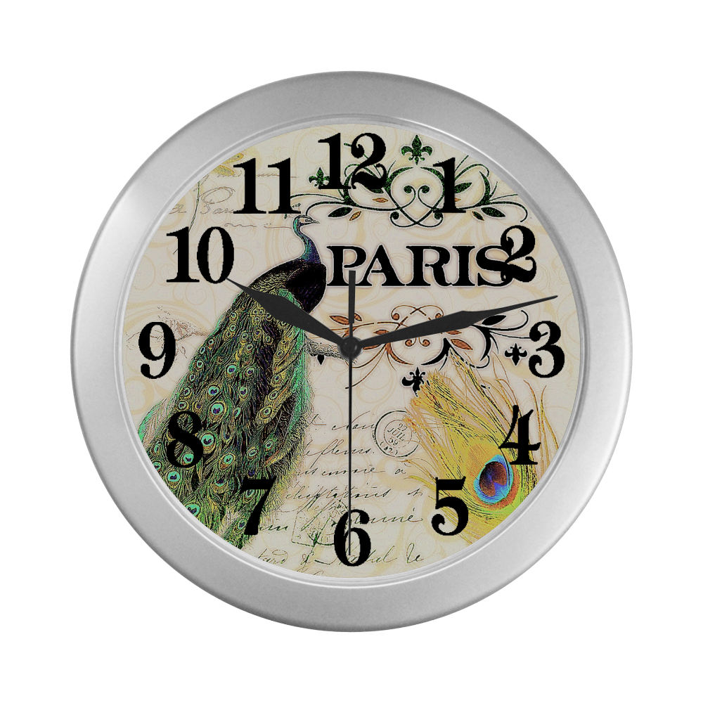 Paris peacock Silver Color Wall Clock