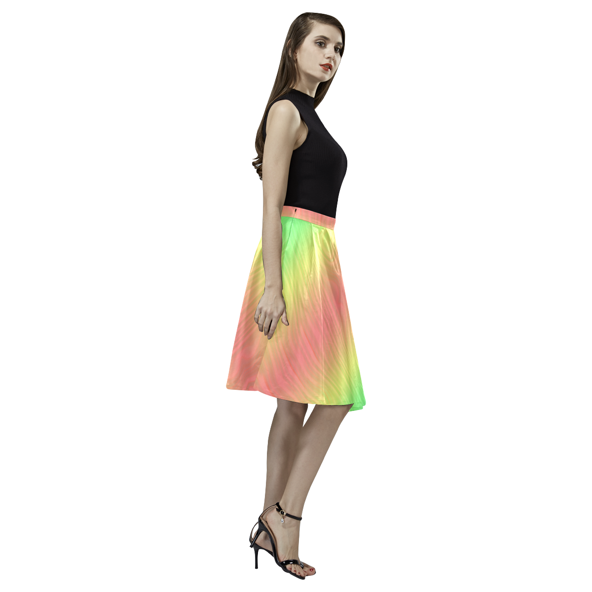 Groovy Pastel Rainbows Melete Pleated Midi Skirt (Model D15)