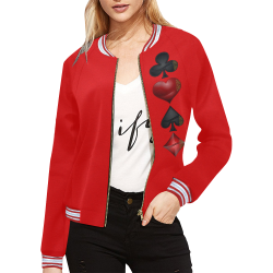 Las Vegas  Black and Red Casino Poker Card Shapes on Red All Over Print Bomber Jacket for Women (Model H21)