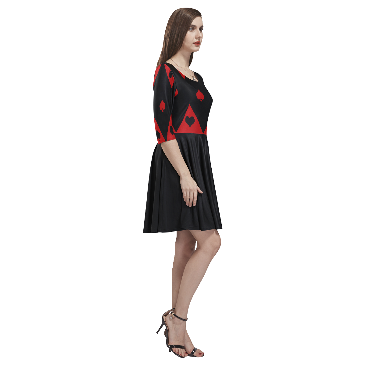 Las Vegas Black Red Play Card Shapes Tethys Half-Sleeve Skater Dress(Model D20)