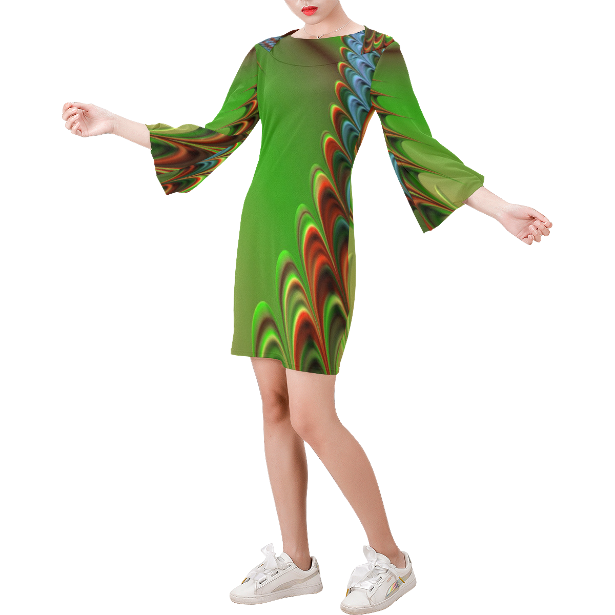 Gorgeous Fractal For You 16C by JamColors Bell Sleeve Dress (Model D52)