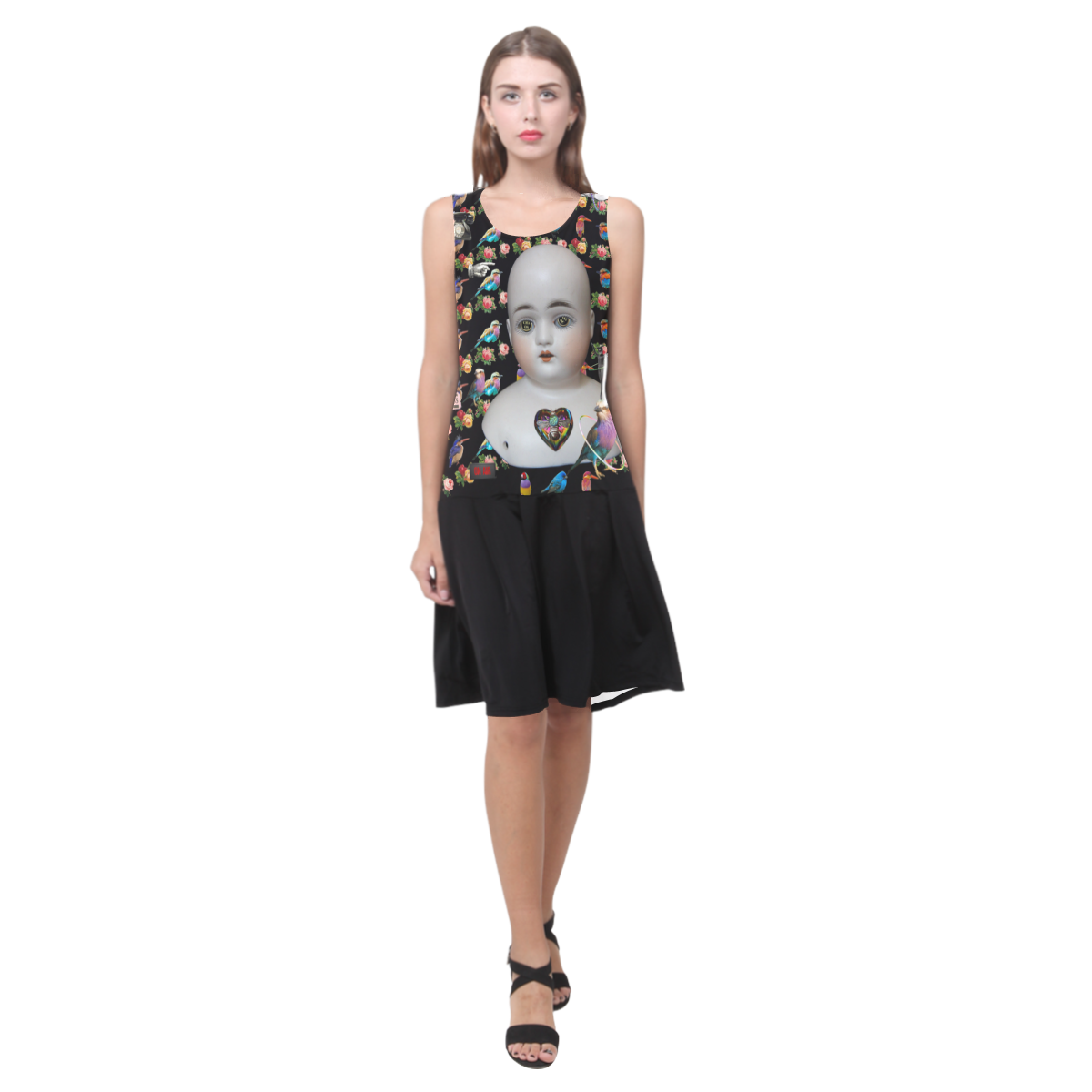 All the Birds and Roses and a Creepy Doll Sleeveless Splicing Shift Dress(Model D17)