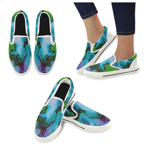 Blue green ink Slip-on Canvas Shoes for Kid (Model 019)