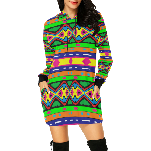 Distorted colorful shapes and stripes All Over Print Hoodie Mini Dress (Model H27)