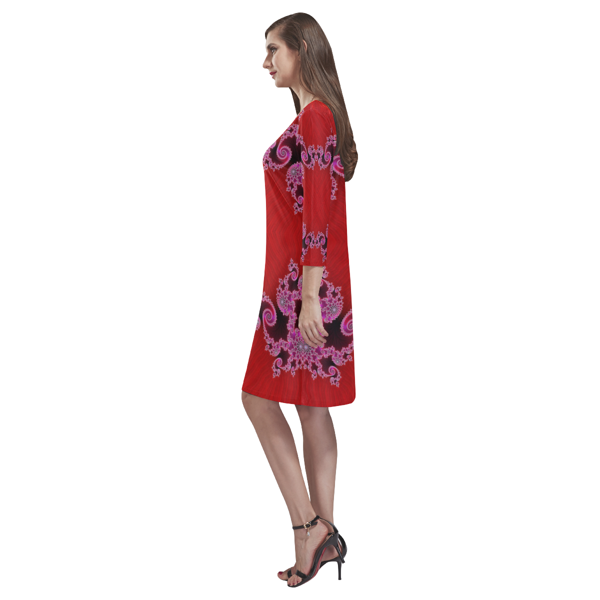 Red Pink Mauve Hearts and Lace Fractal Abstract 2 Rhea Loose Round Neck Dress(Model D22)