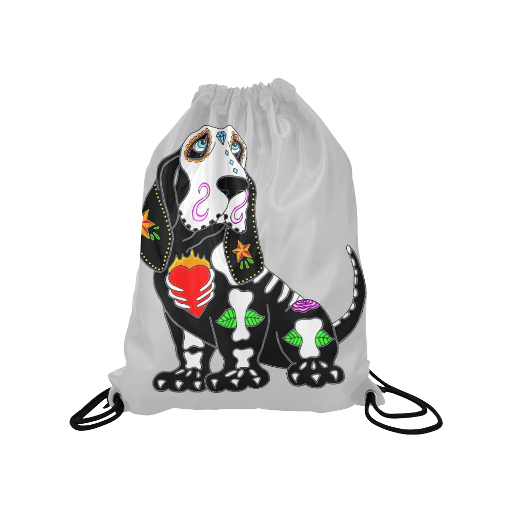 Basset Hound Sugar Skull Lt Grey Medium Drawstring Bag Model 1604 (Twin Sides) 13.8"(W) * 18.1"(H)