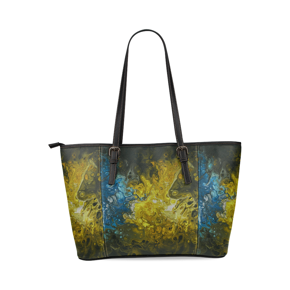 Alien Swirl Yellow Blue Tote-Handbag. Leather Tote Bag/Large (Model 1640)