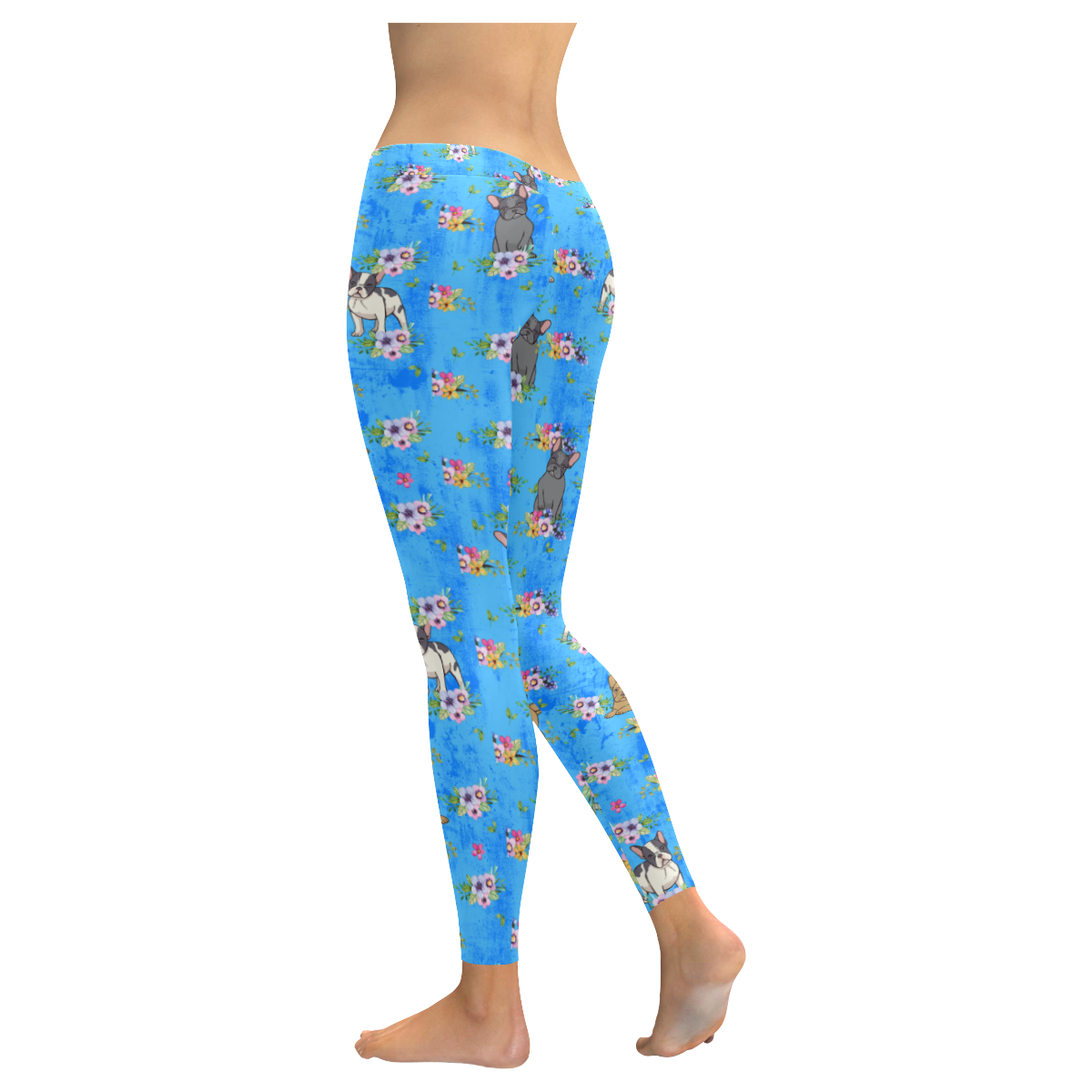 Frenchies in Flowers Women's Low Rise Leggings (Invisible Stitch) (Model L05)