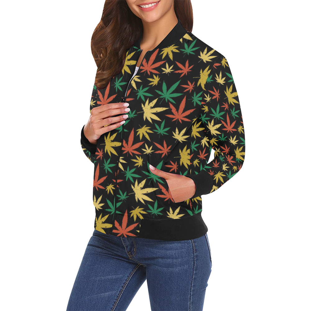 Cannabis Pattern All Over Print Bomber Jacket for Women (Model H19)