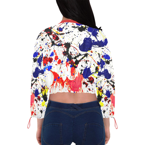 Blue & Red Paint Splatter (Red Trim) Cropped Chiffon Jacket for Women (Model H30)