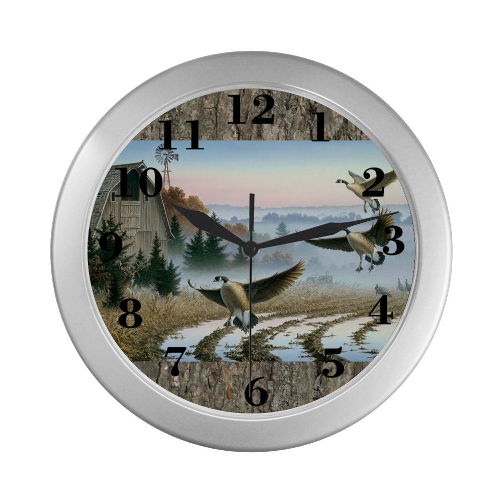 Geese In A Farm Field Silver Color Wall Clock