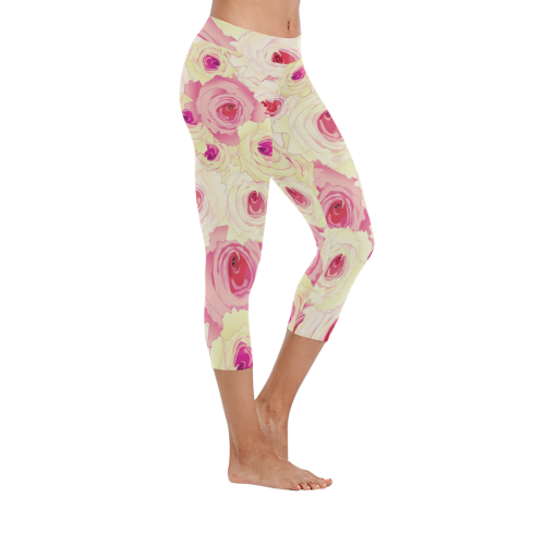 Pink and yellow tea roses Women's Low Rise Capri Leggings (Invisible Stitch) (Model L08)