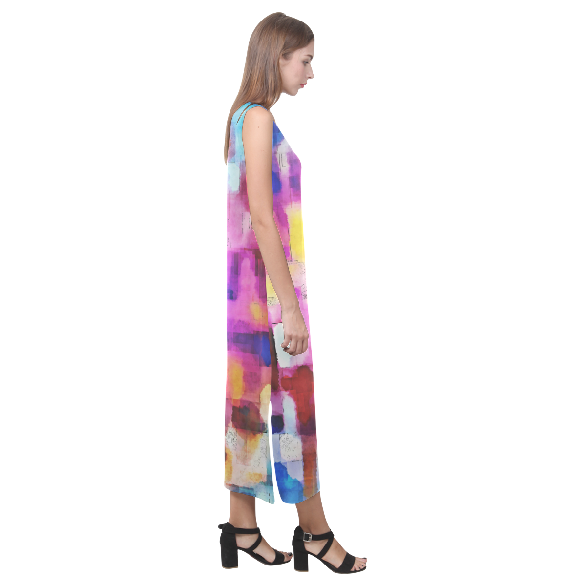 Blue pink watercolors Phaedra Sleeveless Open Fork Long Dress (Model D08)