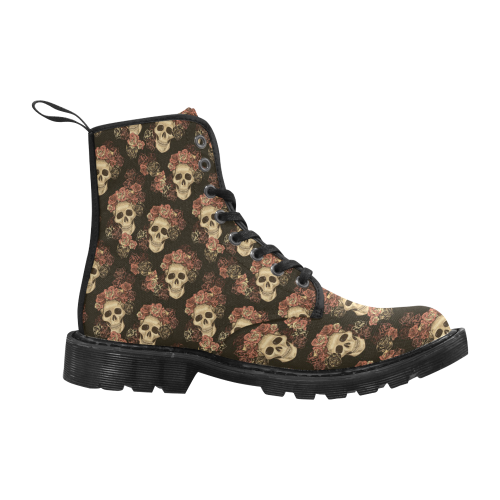 Skull and Rose Pattern Martin Boots for Women (Black) (Model 1203H)