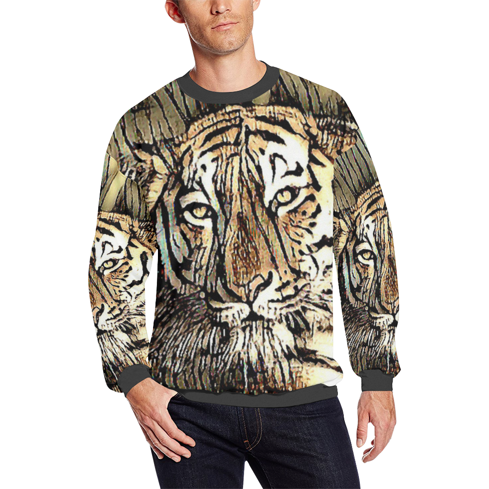 The Tiger Drawing Men's Oversized Fleece Crew Sweatshirt/Large Size(Model H18)