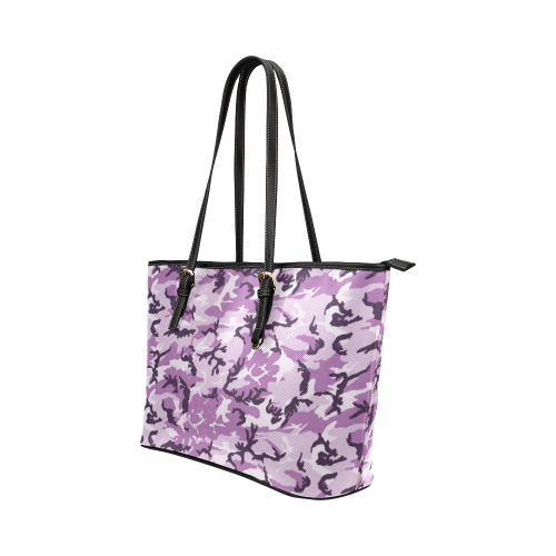 Woodland Pink Purple Camouflage Leather Tote Bag/Large (Model 1651)