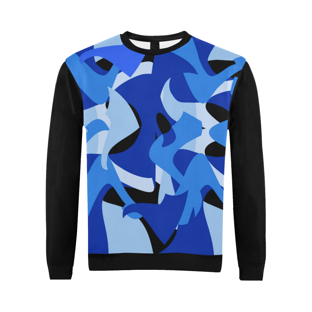 Camouflage Abstract Blue and Black (Vest Style) Black All Over Print Crewneck Sweatshirt for Men (Model H18)
