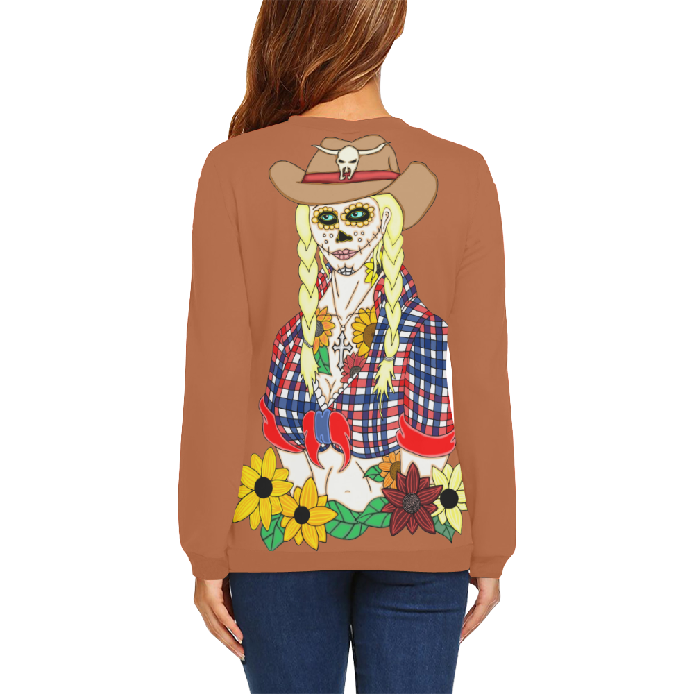 Cowgirl Sugar Skull Rust Brown All Over Print Crewneck Sweatshirt for Women (Model H18)
