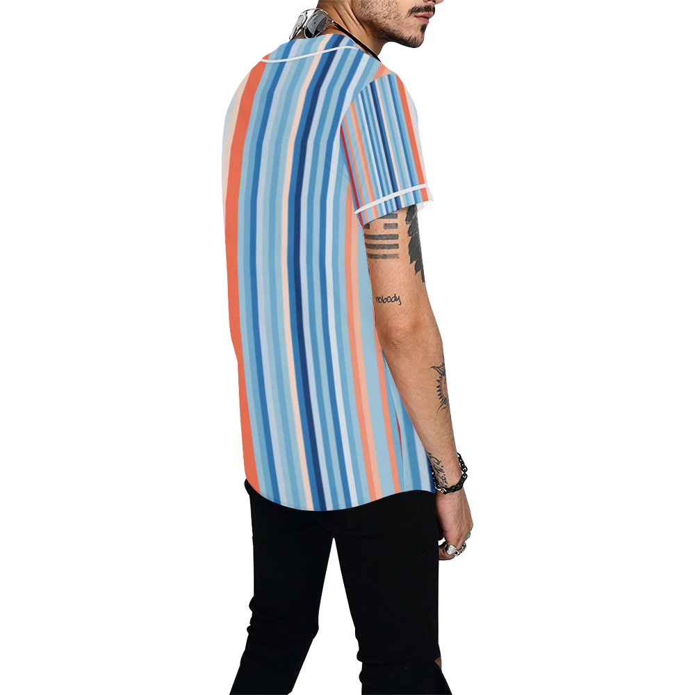 Blue and coral stripe 1 All Over Print Baseball Jersey for Men (Model T50)