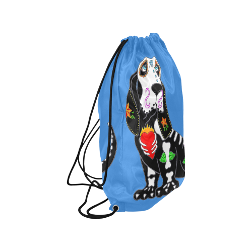 Basset Hound Sugar Skull Blue Medium Drawstring Bag Model 1604 (Twin Sides) 13.8"(W) * 18.1"(H)