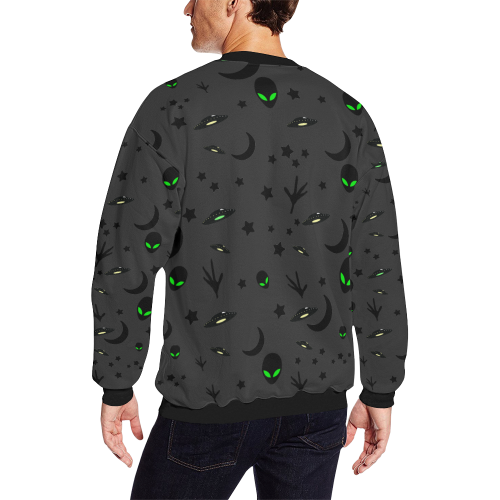 Alien Flying Saucers Stars Pattern on Charcoal Men's Oversized Fleece Crew Sweatshirt (Model H18)