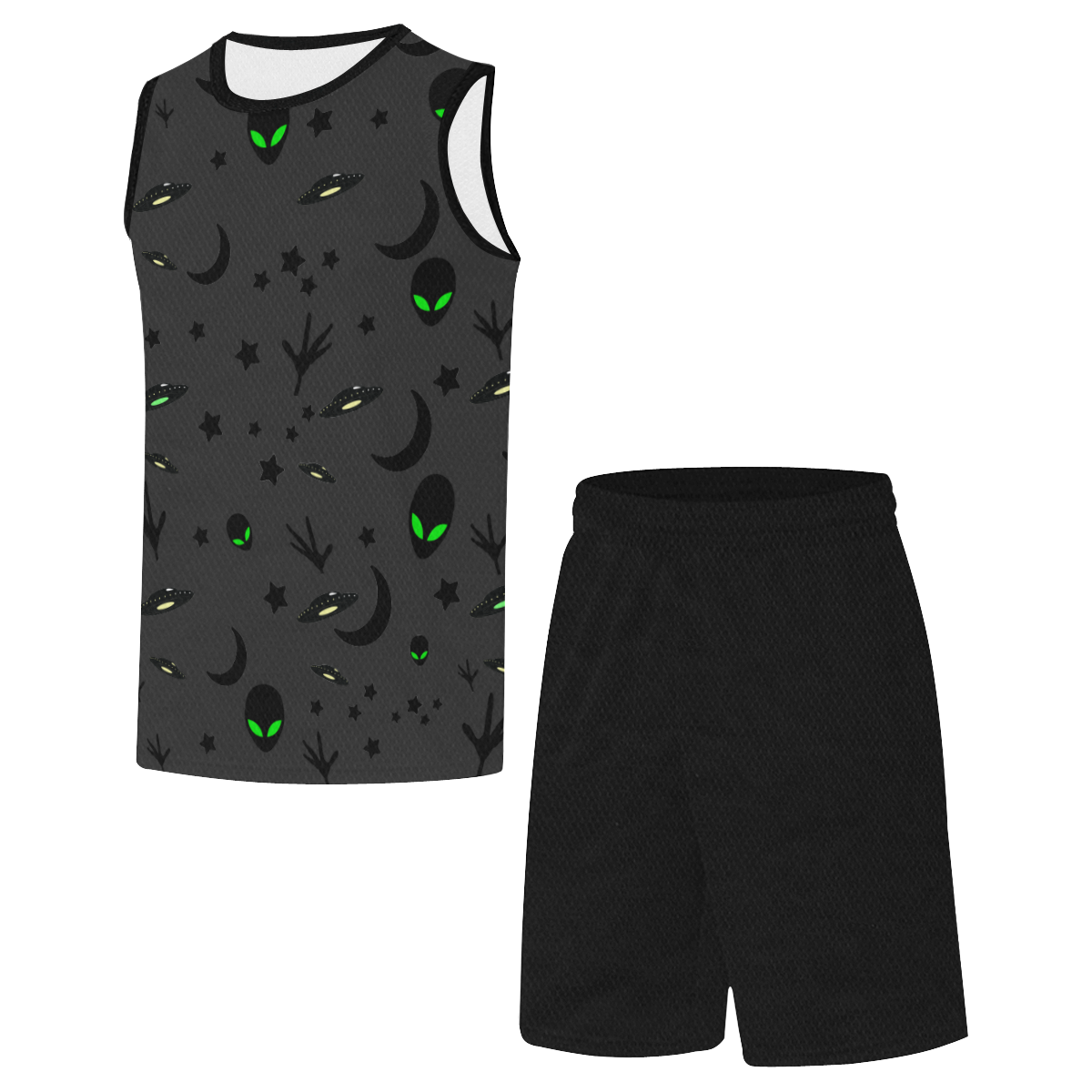 Alien Flying Saucers Stars Pattern on Charcoal All Over Print Basketball Uniform
