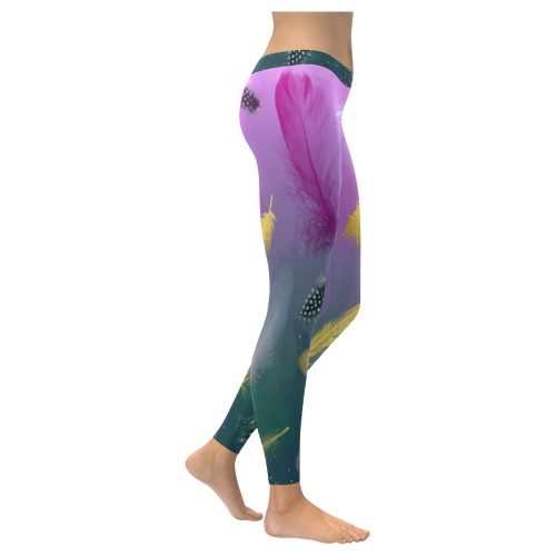 Dancing Feathers - Pink and Green Women's Low Rise Leggings (Invisible Stitch) (Model L05)