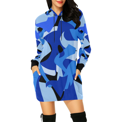 Camouflage Abstract Blue and Black All Over Print Hoodie Mini Dress (Model H27)