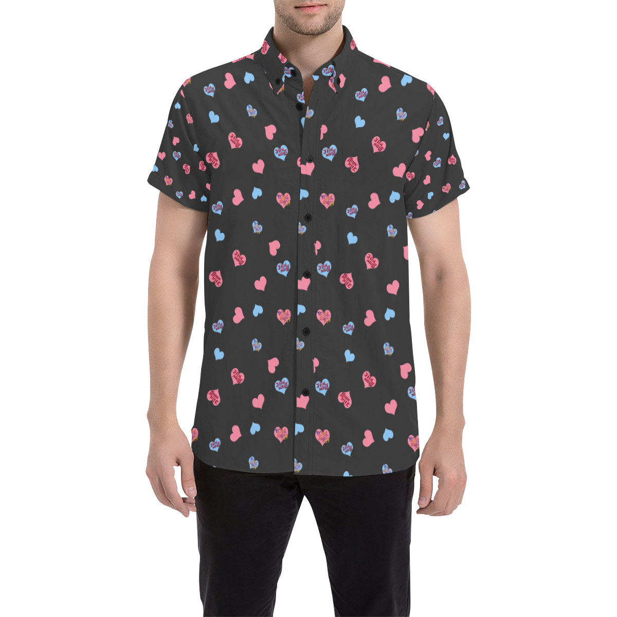 Pink-Blue Hearts-Wild Thing-Hot Stuff on Charcoal Men's All Over Print Short Sleeve Shirt (Model T53)