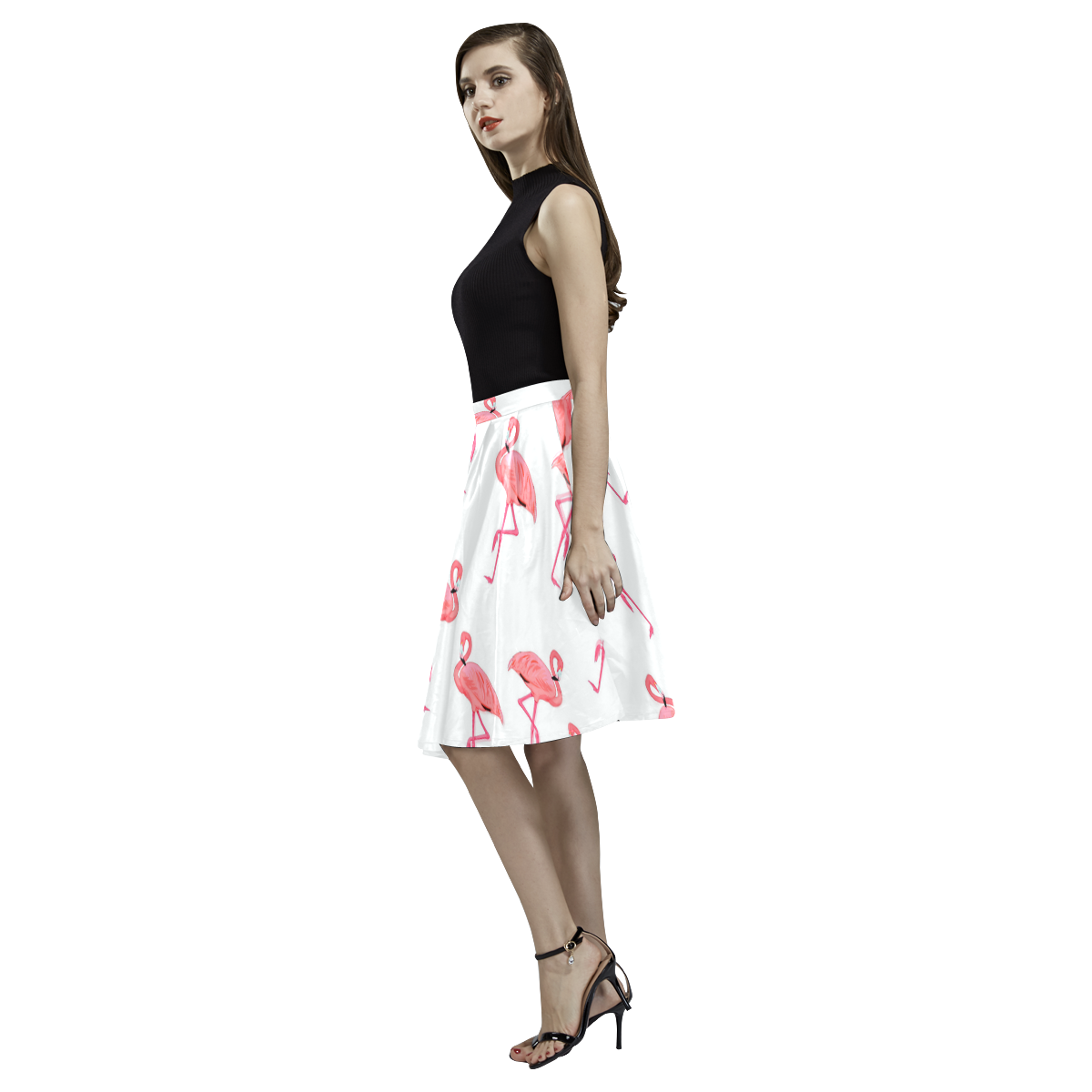 Pretty Pink Flamingo Pattern Tropical Summer Style Melete Pleated Midi Skirt (Model D15)