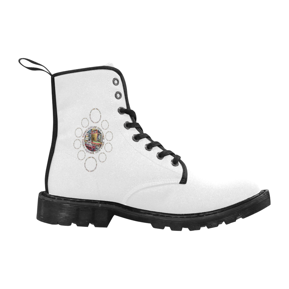 Times Square New York City Multi Badge Emblem on white Martin Boots for Men (Black) (Model 1203H)
