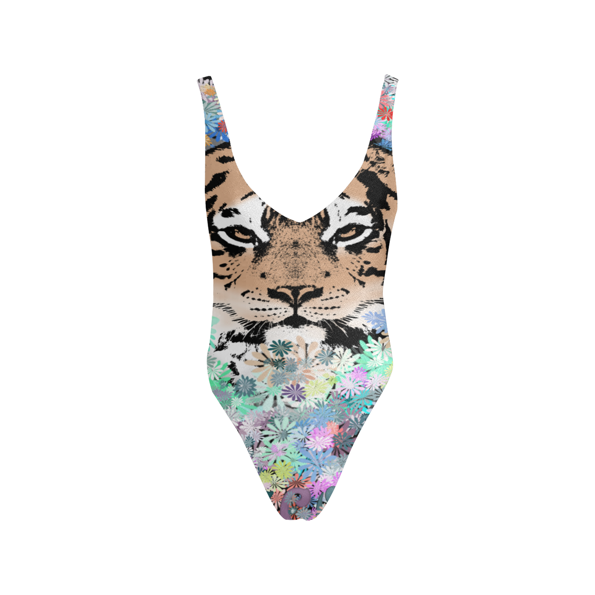 BIG CAT TIGER FLOWER JUNGLE Sexy Low Back One-Piece Swimsuit (Model S09)