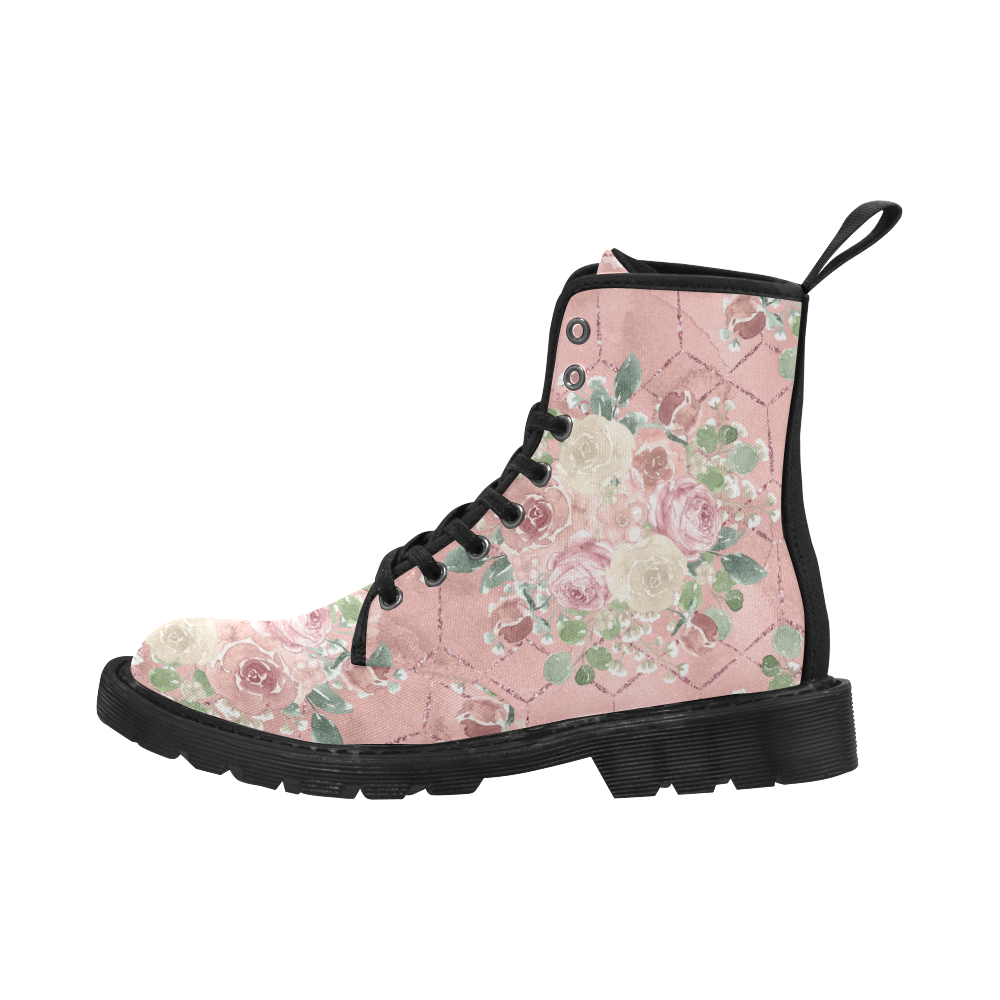 Sweet Pink Floral Boots, Watercolor Martin Boots for Women (Black) (Model 1203H)
