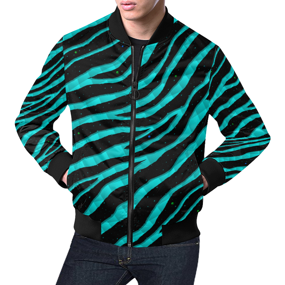 Ripped SpaceTime Stripes - Cyan All Over Print Bomber Jacket for Men/Large Size (Model H19)